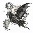moon and bat flying tattoo design idea