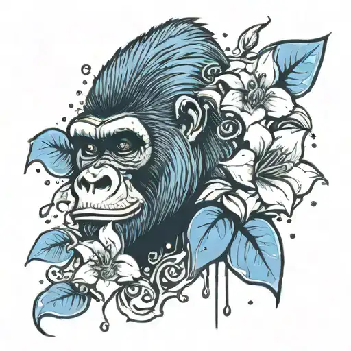 gorilla,blue rose, Lilly with rain drops falling tattoo design idea