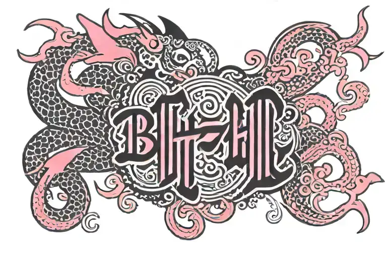 BITCH in pink and black letters with devil tails at end of letters  tattoo design idea