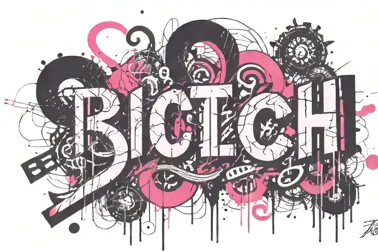 "B" "ITCH" in pink and black letters with devil tails at end of letters  tattoo design idea