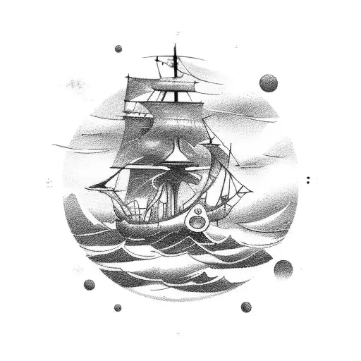 a small ship with mast in a coastline enclosed with a circle knot tattoo design idea