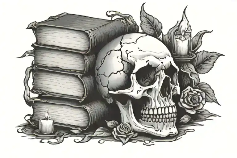 A stack of books with a skull on top and candles surrounding them tattoo design idea