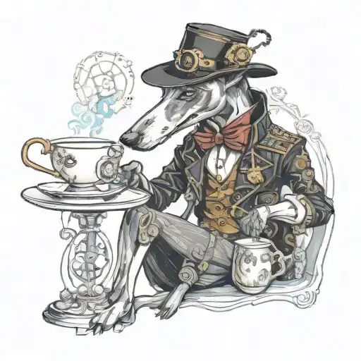 Steampunk black greyhound drinking tea and reading  tattoo design idea