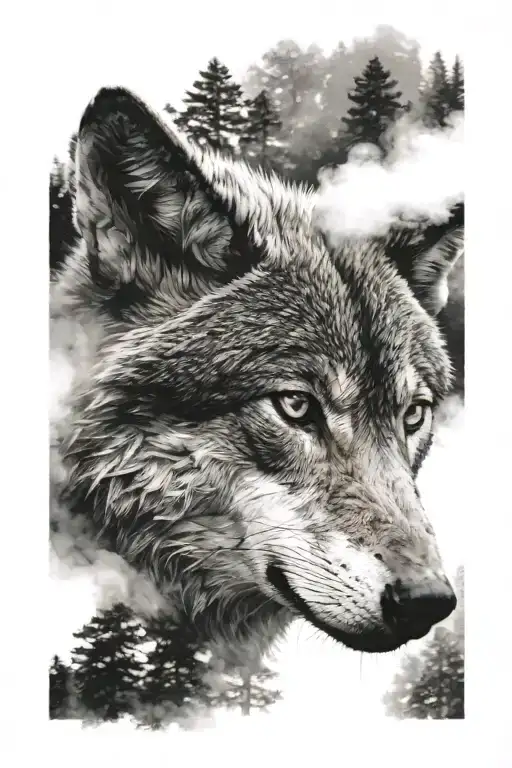 Generate a high-contrast black and grey photo-realistic image of a wolf's face seamlessly morphing into a misty woodland tattoo design idea