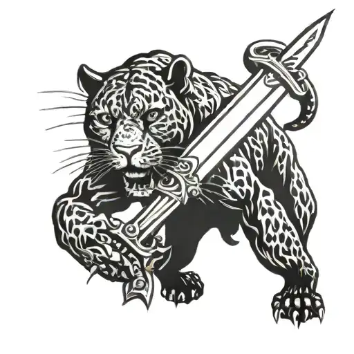 Panther walking with  sword in mouth blackwork tattoo tattoo design idea