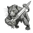 Panther walking with  sword in mouth blackwork tattoo tattoo design idea