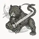 Panther walking with  sword in mouth blackwork tattoo tattoo design idea