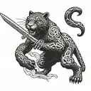 Panther walking with  sword in mouth blackwork tattoo tattoo design idea