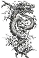 Japanese dragon with cherry blossom and building  tattoo design idea