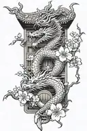 Japanese dragon with cherry blossom and building  tattoo design idea