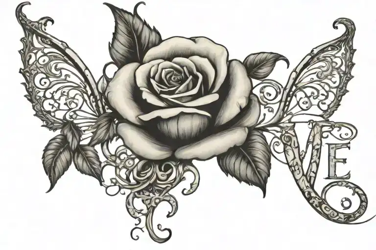 Black and beige rose interwoven with a gothic inscription that spells out "sweet love" tattoo design idea