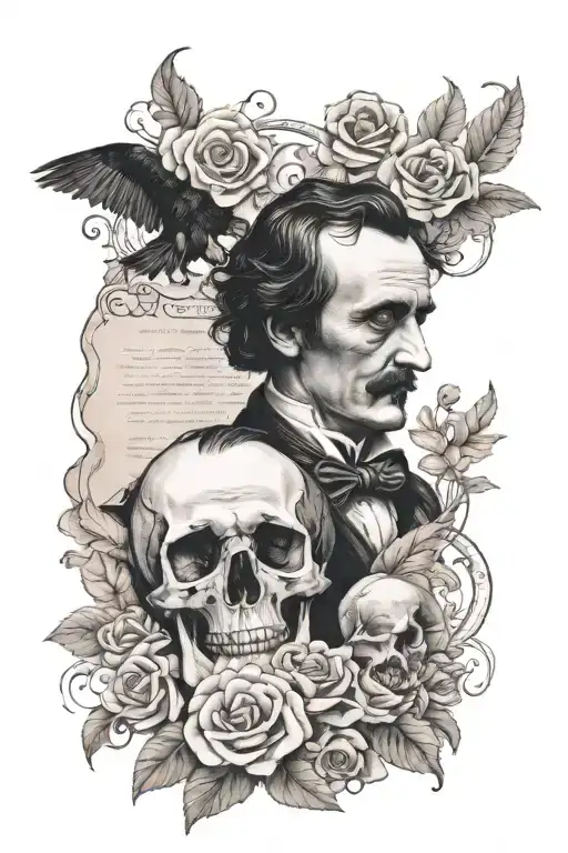 edgar allen poe realistic and Pablo Neruda with sheets and flowers and skulls tattoo design idea