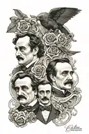 portrait of edgar allan poe and Oablo neruda and the mythology of Orpheus and Eurydice  tattoo design idea