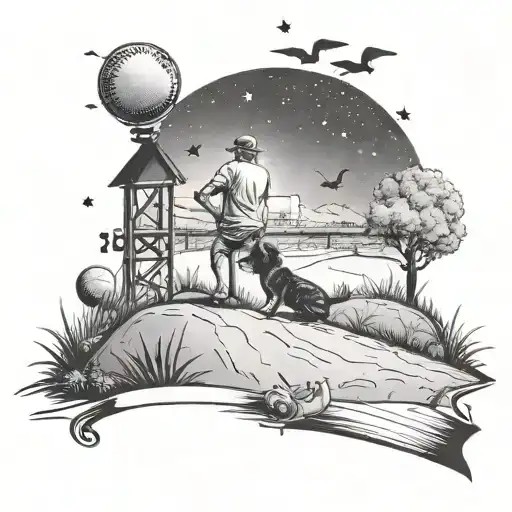 A surrealistic scene of a baseball field transformed into a dreamlike landscape, with your son Cooper playing with a dog under a starry sky, blending your passions for baseball, family, and pets tattoo design idea