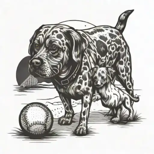 A whimsical illustration of a mother and child exploring different travel destinations, with a baseball diamond in the background and a dog playfully following along, capturing your interests in a playful and unique way tattoo design idea