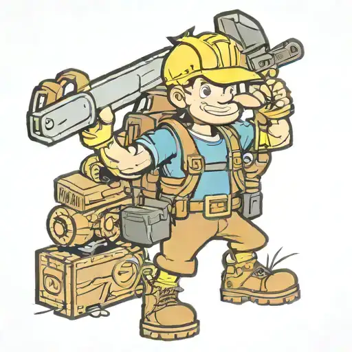 vault boy as a lumberjack holding a chainsaw tattoo design idea