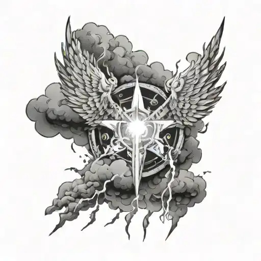 angelic symbols floating in clouds with lightning striking each symbol lighting them up  tattoo design idea