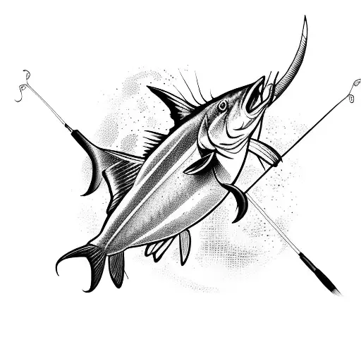 A majestic marlin leaping out of the water with a fishing rod and spray gun intertwined tattoo design idea