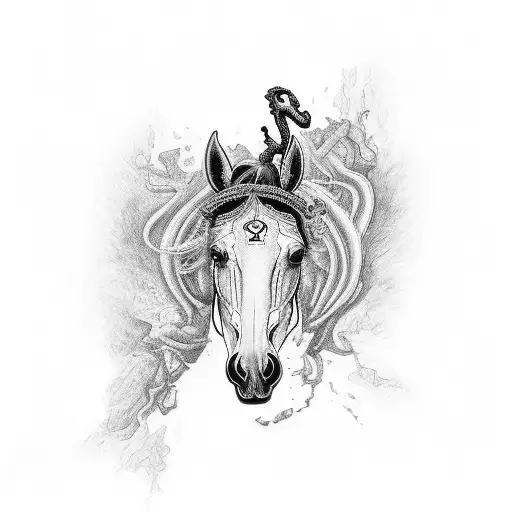 An intricate black and grey tattoo of a horse's head with Alice in Chains lyrics incorporated into the design tattoo design idea