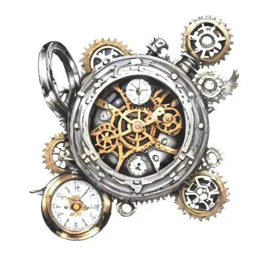 whistle in wheels in a steampunk style tattoo design. Also a pocket watch some where on the side tattoo design idea