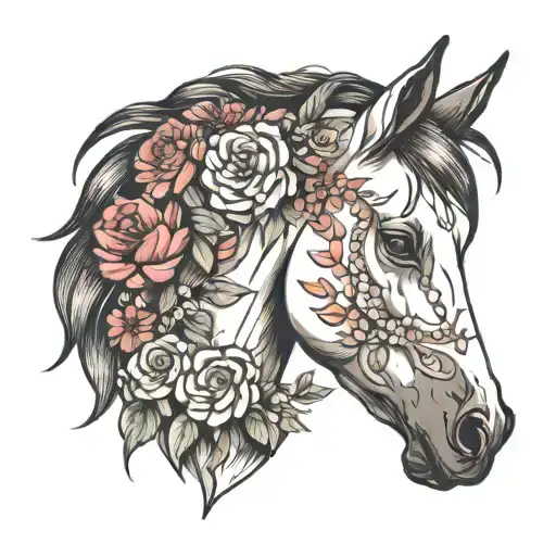 horse head with flowers  tattoo design idea