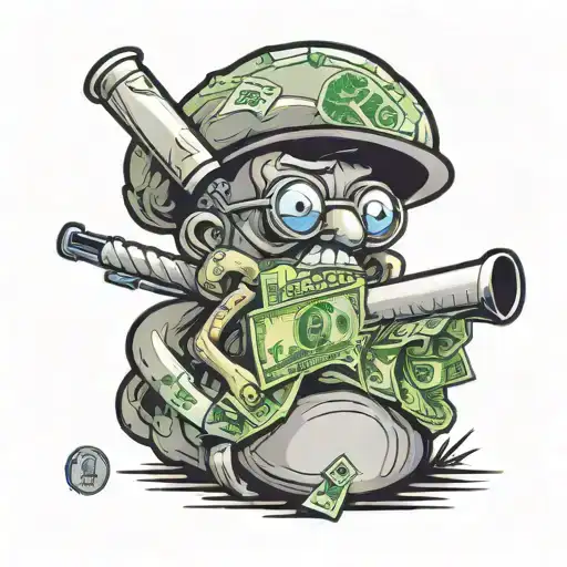 A new-school design of a meth pipe morphing into a stack of cash tattoo design idea