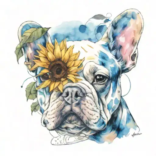 A tattoo with elements intertwined with Van Gogh's iconic sunflowers with a black and white French bulldog breed tattoo design idea