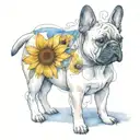 A tattoo with elements intertwined with Van Gogh's iconic sunflowers with a black and white French bulldog breed tattoo design idea