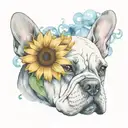 A tattoo with elements intertwined with Van Gogh's iconic sunflowers with a black and white French bulldog breed tattoo design idea