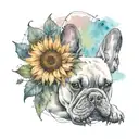 A tattoo with elements intertwined with Van Gogh's iconic sunflowers with a black and white French bulldog breed tattoo design idea