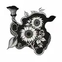 A tattoo with elements intertwined with Van Gogh's iconic sunflowers with writers Machado de Assis and Clarice Lispector tattoo design idea