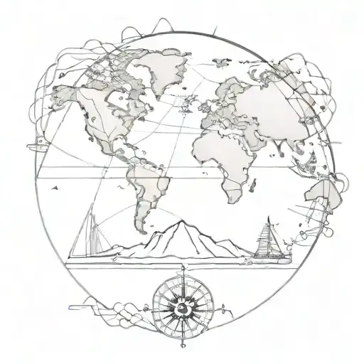 bridge in front of world map leading towards compass tattoo design idea