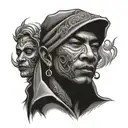 Design a black and grey tattoo of chicano being stared at by other people with the words trust no one around it chicano  tattoo design idea