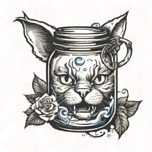 moonshine jar with a cat head coming out the jar  tattoo design idea