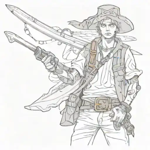 A detailed portrait of Machine Gun Kelly dressed as a pirate from One Piece, with a wakeboard in hand, set against a watercolor background tattoo design idea