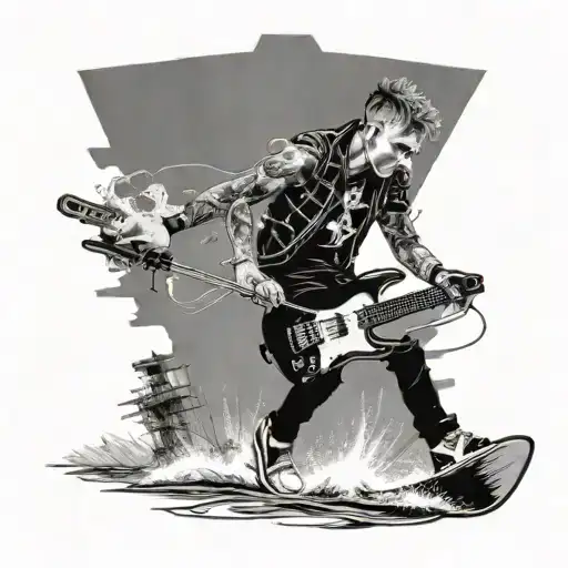 A surreal scene of Machine Gun Kelly performing a concert on a wakeboard in the middle of the ocean, with black-grey shading for depth tattoo design idea