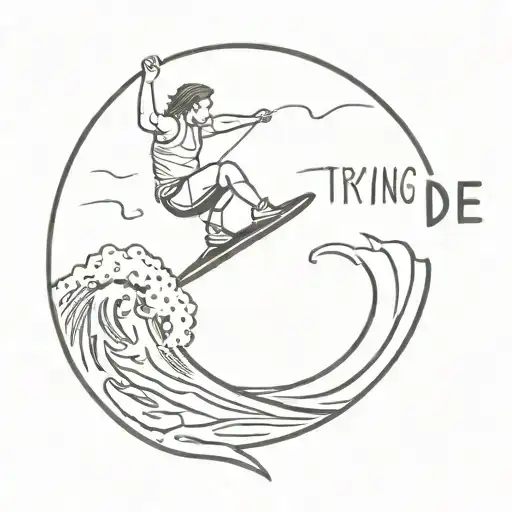 A minimalist tattoo of a wakeboarder riding a wave, with the phrase 'be yourself or die trying' incorporated into the design. tattoo design idea