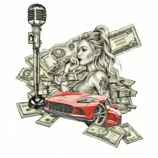 make a tattoo design containing a sexy woman, a red fast car, a microphone, stacks of money, gold bar, fashion brands tattoo design idea