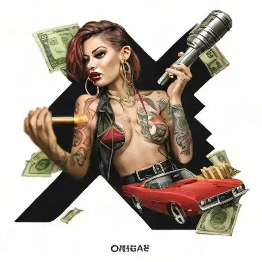 a sexy woman, a red fast car, a microphone, stacks of money, gold bar, fashion brands tattoo design idea