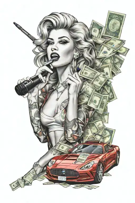 a sexy woman, a red fast car, a microphone, stacks of money, gold bar, fashion brands tattoo design idea