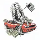 make a tattoo design containing a sexy woman, a red fast car, a microphone, stacks of money, gold bar, fashion brands tattoo design idea