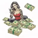 make a tattoo design containing a sexy woman, a red fast car, a microphone, stacks of money, gold bar, fashion brands tattoo design idea