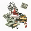make a tattoo design containing a sexy woman, a red fast car, a microphone, stacks of money, gold bar, fashion brands tattoo design idea
