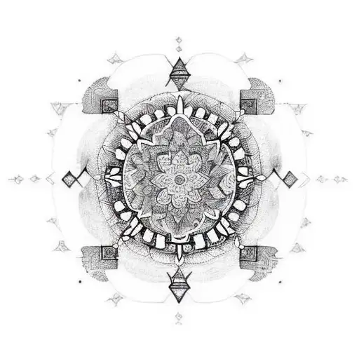 A tattoo design of a mandala with lyrics from your favorite funk or trap song incorporated into the intricate patterns, representing your love for music and the mandakes culture. tattoo design idea