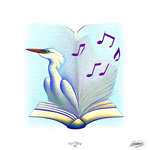 A magical egret reading a book surrounded by musical notes tattoo design idea