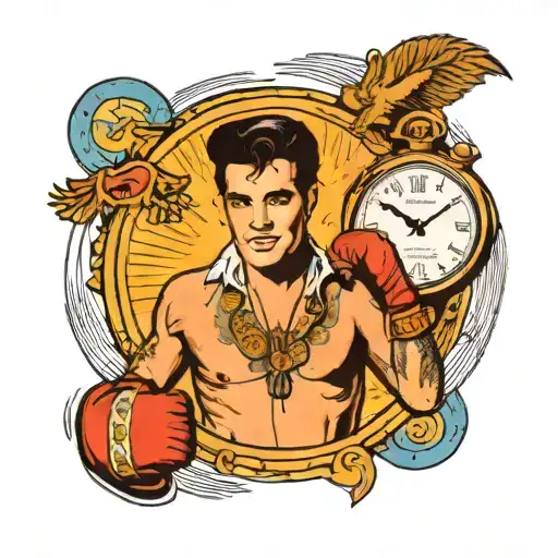 Elvis Presley, boxing gloves and aboriginal warrior and clock tattoo design idea