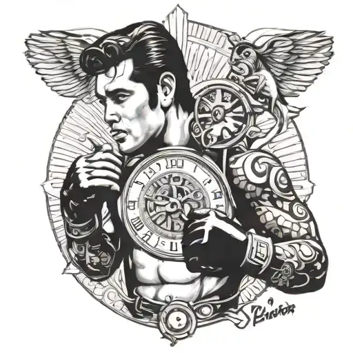 Elvis Presley, boxing gloves and aboriginal warrior and clock tattoo design idea