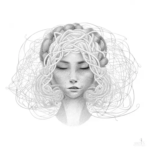 A dotwork illustration of a woman's silhouette with a tangled ball of yarn inside her head, symbolizing the entangled thoughts and worries that come with overthinking and always putting others first. tattoo design idea