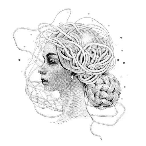 A dotwork illustration of a woman's silhouette with a tangled ball of yarn inside her head, symbolizing the entangled thoughts and worries that come with overthinking and always putting others first. tattoo design idea