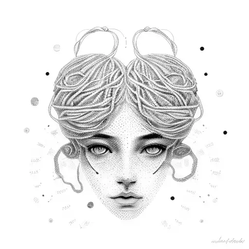 A dotwork illustration of a woman's silhouette with a tangled ball of yarn inside her head, symbolizing the entangled thoughts and worries that come with overthinking and always putting others first. tattoo design idea